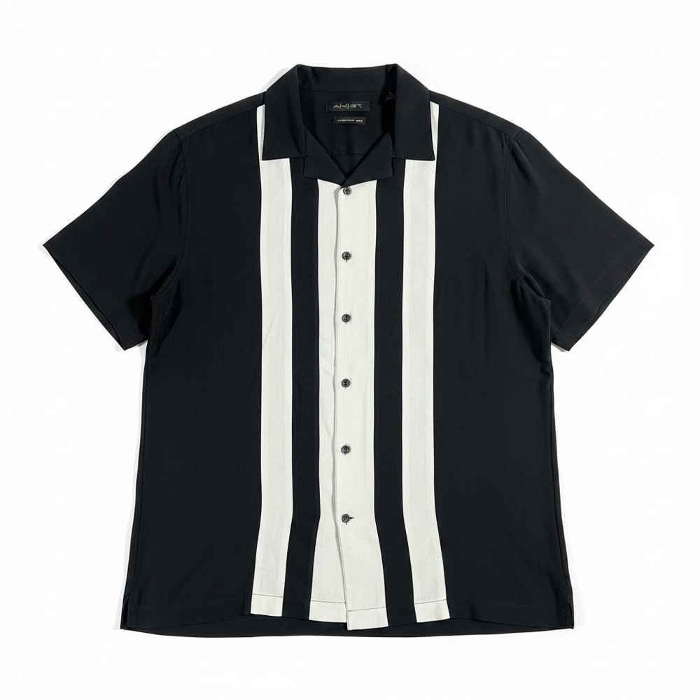 Axist‎ Bowling Shirt Mens Large Black Silk Excellent Striped Camp Collar
